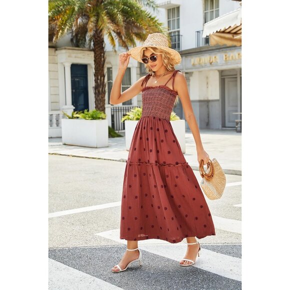 Women Floral Embroidered Maxi Dress Seersucker Smocked Casual Evening - Picture 4 of 6